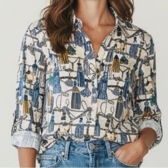 Tommy Hilfiger Other - Tommy Hilfiger Blue & Gold Tassel Pattern Button Long Sleeve Up Shirt Old Money